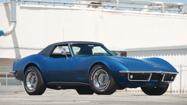 A photo of a blue C3 Corvette. 