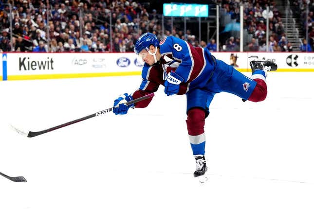 Nov 15, 2023; Denver, Colorado, USA; Colorado Avalanche defenseman Cale Makar (8) shoots the puck in the second period against the Anaheim Ducks at Ball Arena.