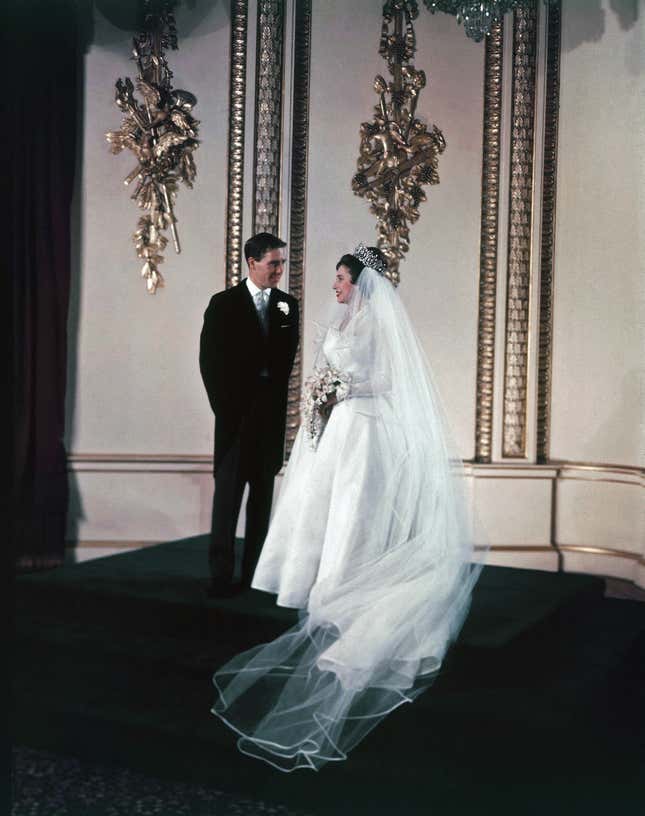 Great Britain Princess Margaret with Anthony Armstrong Jones at Buckingham Palace after their wedding in Westminster Abbey on May 6, 1960. (AP Photo)