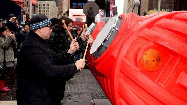 Passersby can play several percussive instruments to change the sculpture’s pulsating rhythm.