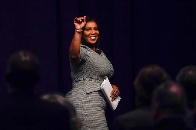 New York State Attorney General Letitia James waves after speaking during the New York State Democratic Convention in New York, Thursday, Feb. 17, 2022.