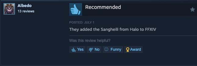 Steam review that reads "They added the Sanghelli from Halo to FFXIV"