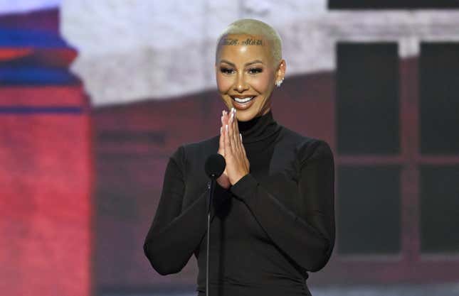 Amber Rose speaks during the first day of the 2024 Republican National Convention at the Fiserv Forum in Milwaukee, Wisconsin, July 15, 2024.