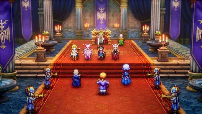 A screenshot of Dragon Quest III HD-2D Remake. The hero and her companions are in a throne room. The hero holds her sword up in the air as musicians play music in the foreground.