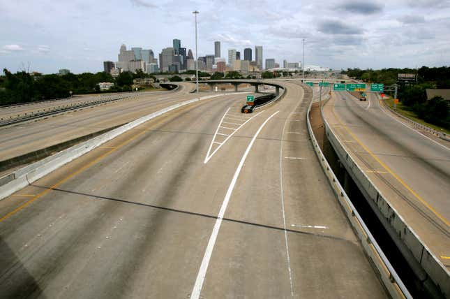 An empty highway in Houston after thousands of residents evacuated the city in advance of Hurricane Rita on Sept. 23, 2005.