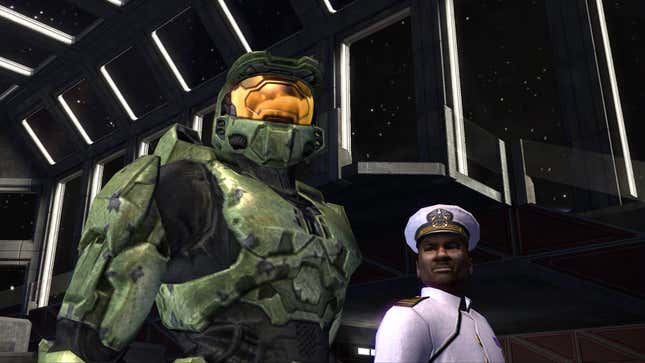 Master Chief and Sergeant Johnson stand next to each other during an awards ceremony.