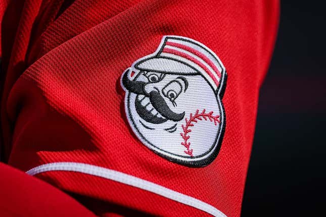 Aug 28, 2022; Washington, District of Columbia, USA; A detailed view of the Cincinnati Reds jersey logo during the ninth inning of the game between the Washington Nationals and the Cincinnati Reds at Nationals Park.