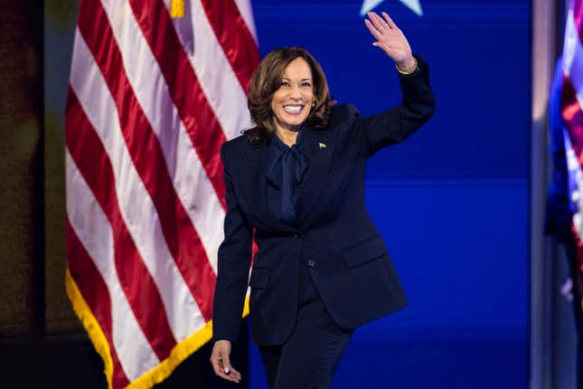 Vice President Kamala Harris arrives to accept the Democratic presidential nomination during the last night of the Democratic National Convention at the United Center in Chicago on Aug. 22, 2024. 