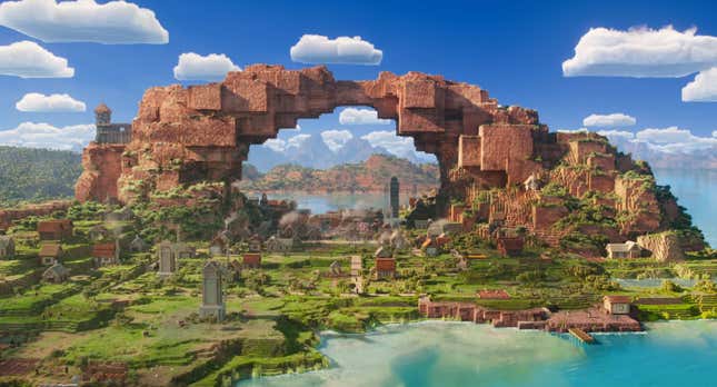 The Minecraft trailer's opening blocky vista, an arch over green lands.