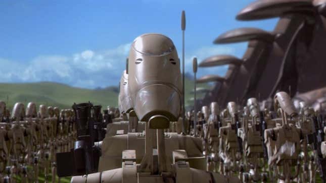 An army of battle droids in formation on Naboo