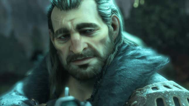 Varric looks at something off-screen with a sad expression.