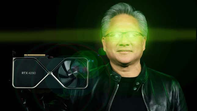 Jensen Huang holds up an Nvidia graphics card. 