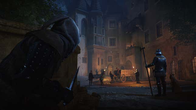 A hooded character with a dagger crouches while a guard with a pike looks toward workers carrying crates to or from a cart in a city at night.