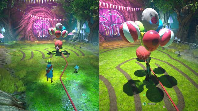 An image of Mio and Zoe in a garden with balloons and yarn where they are expected to trace the outline of a cat together.