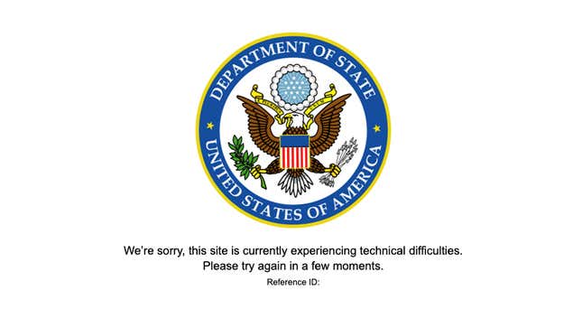 Perşembe günü Rusya'daki ABD büyükelçiliği web sitesinde olası bir terör saldırısına ilişkin uyarının ardından çıkan hata mesajı.