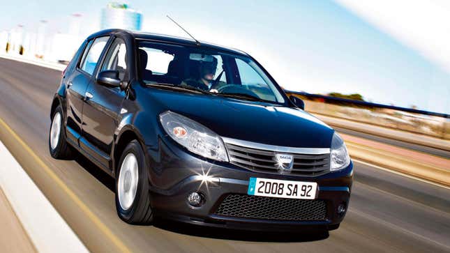 A photo of a dark gray Dacia Sandero hatchback. 