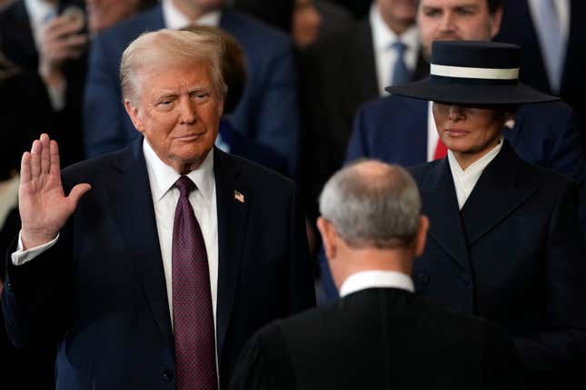 Donald Trump sworn into office by Supreme Court Chief Justice John Roberts for his second term as the 47th president of the United States. 