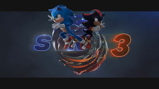 Sonic y Shadow saltan delante del logotipo de la tercera película.