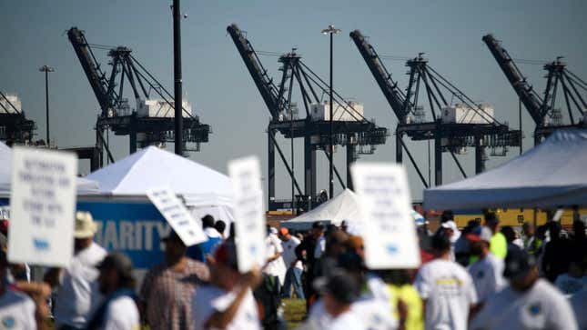 Dockworkers strike at the Bayport Container Terminal in Seabrook, Texas, on October 1, 2024. 