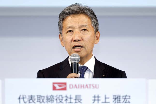 Daihatsu President Masahiro Inoue speaks during a press conference in Tokyo Monday, April 8, 2024. Daihatsu, the Japanese automaker mired in a scandal over fraudulent vehicle tests, will hand over its model certification duties to parent company Toyota, to regain trust among dealers, customers and workers, its new president said Monday. (Kyodo News via AP)