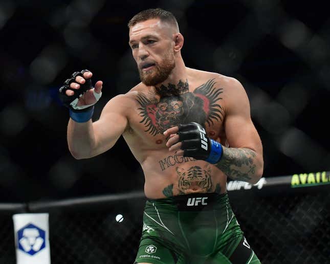 Jul 10, 2021; Las Vegas, Nevada, USA; Conor McGregor fights Dustin Poirier during UFC 264 at T-Mobile Arena.