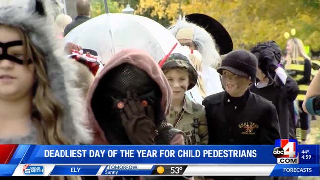 Screenshot of a news report explaining that Halloween is the deadliest day of the year for child pedestrians