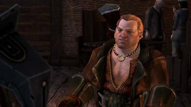 Varric stands with his titties out in the Hanged Man.