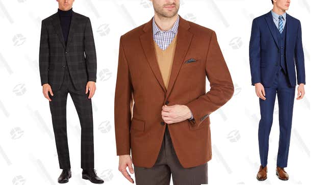 Ralph Lauren Wool/Cashmere Blend Sport Coat | $90 | Macy’s
Tommy Hilfiger Modern-Fit Wool Suit | $97 | Macy’s
Alfani Slim-Fit Stretch Suit | $220| Macy’s