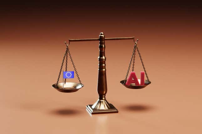 Conceptual image of a justice scale with an EU flag on one side and a red artificial intelligence symbol on the other