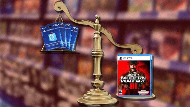 An image of a scale holds PSN cards on the left side and Call of Duty: Modern Warfare II on the right side against rows of physical game boxes.