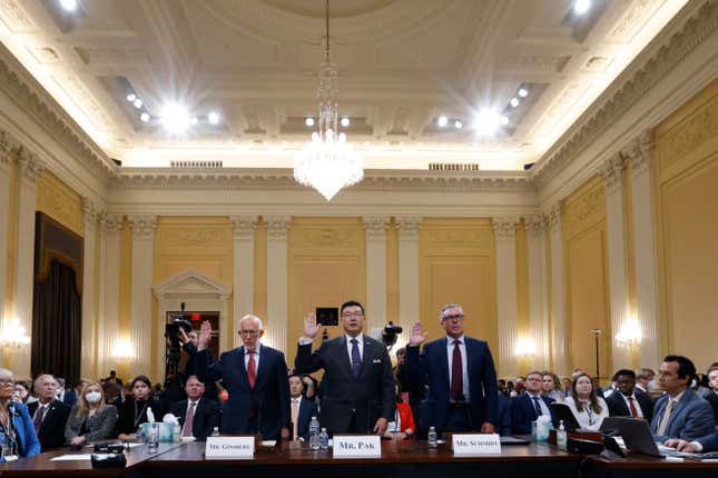 From left, Benjamin Ginsberg, Washington attorney and elections lawyer, BJay Pak, former U.S. Attorney in Atlanta, and Al Schmidt, former city commissioner of Philadelphia, are sworn in to testify as the House select committee investigating the Jan. 6 attack on the U.S. Capitol.