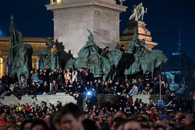 People attend a protest at Heroes&#39; Square in Budapest, Hungary, Friday, Feb 16, 2024. Protesters demand a change in the country&#39;s political culture after the conservative head of state resigned amid scandal over a presidential pardon. (AP Photo/Denes Erdos)