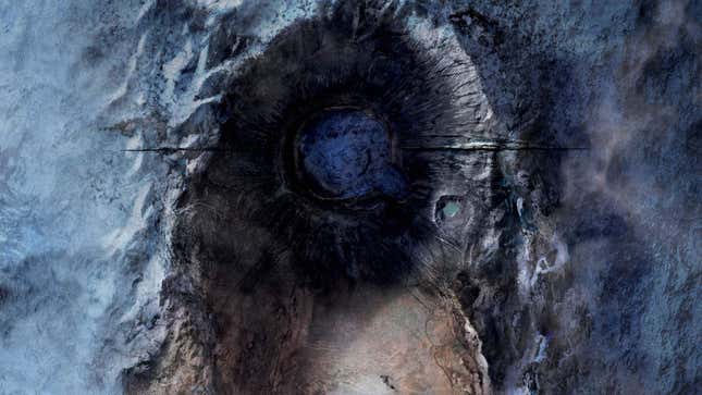 Promotional art for the Next Mass Effect, showing a crater in the shape of a Geth face. 