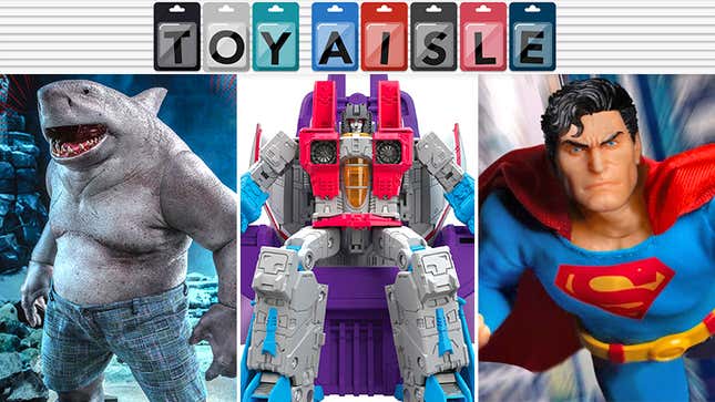 Hot Toys' King Shark, Hasbro's Transformers Studio Series Coronation Starscream, and Mezco's 1:12 Man of Steel Edition Superman.