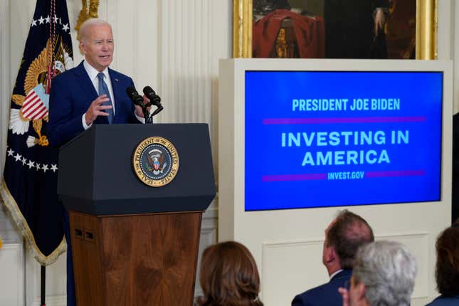 FILE - President Joe Biden speaks during an event about high speed internet infrastructure, in the East Room of the White House, June 26, 2023, in Washington. The Biden administration has started 40,000 construction projects since the passage of major infrastructure legislation two years ago and is seeking to make the case that continued progress could depend on keeping Joe Biden in the White House after 2024. (AP Photo/Evan Vucci, File)