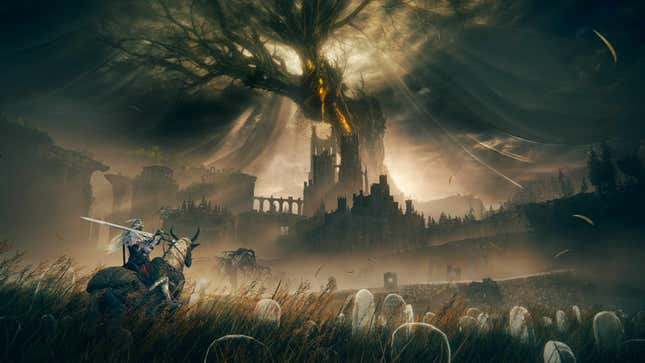 Promotional artwork of Elden Ring's DLC, Shadow of the Erdtree, showing the player horseback in a field of etheral headstones in the titular shadow of the Erdtree.