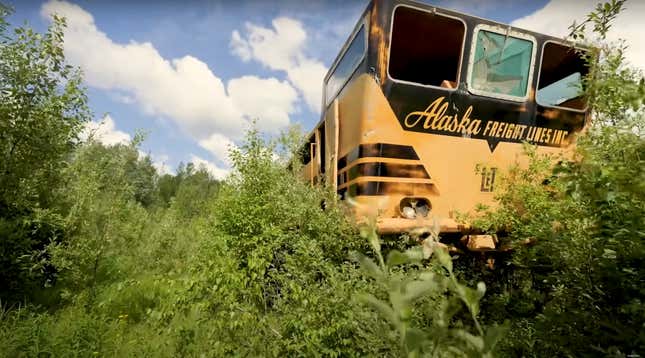 The Alaska Friegh lines Inc logo clearly visible on a giant yellow and black vehicle deep in some very green underbrush under a sunny blue sky