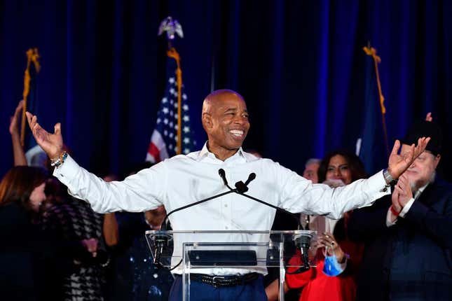 New York City Democratic Mayor-elect Eric Adams gestures to supporters during his 2021 election victory night party at the Brooklyn Marriott on November 2, 2021, in New York City.