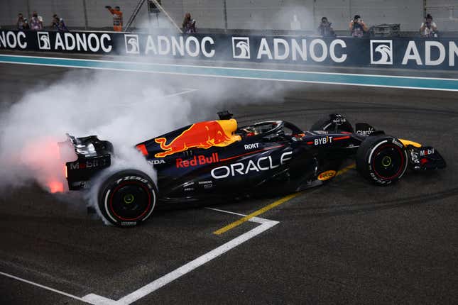 Max Verstappen doing donuts at the 2023 Formula 1 Abu Dhabi Grand Prix