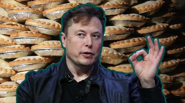 Tesla CEO Elon Musk in front of pies.