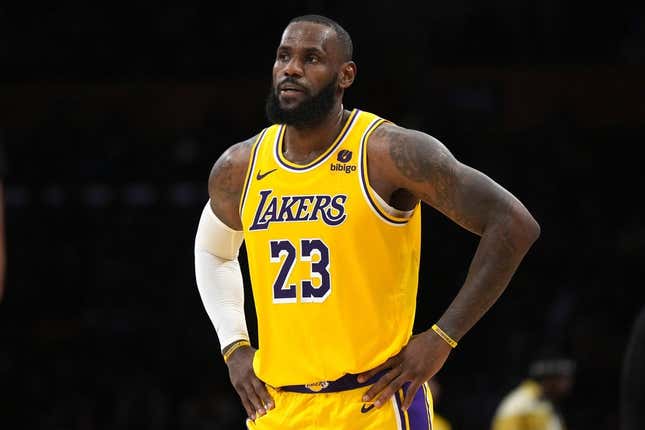 Nov 15, 2023; Los Angeles, California, USA; Los Angeles Lakers forward LeBron James (23) reacts in the second half against the Sacramento Kings at Crypto.com Arena.