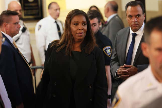 NEW YORK, NEW YORK - OCTOBER 03: Attorney General Letitia James leaves the courtroom during the second day of the civil fraud trial of former President Donald Trump at New York State Supreme Court on October 03, 2023 in New York City. Former President Trump may be forced to sell off his properties after Justice Arthur Engoron canceled his business certificates after ruling that he committed fraud for years while building his real estate empire after being sued by Attorney General Letitia James, who is seeking $250 million in damages. The trial will determine how much he and his companies will be penalized for the fraud.