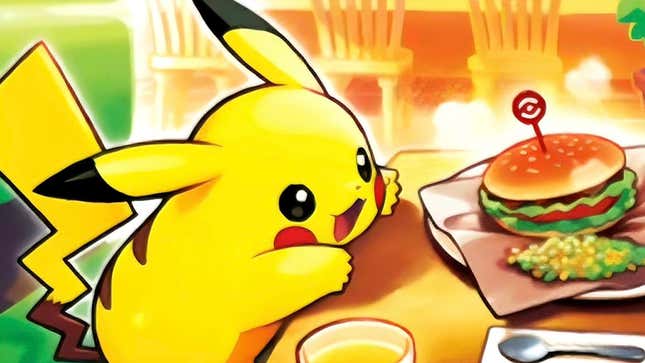Pikachu getting ready to chow down a burger like a little guy.
