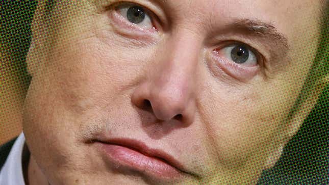 A very close up photo of Elon shows him staring right at you. 