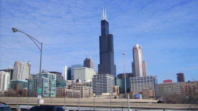 Downtown Chicago (i.e. the Sears Tower) as seen from the University of Illinois at Chicago east campus