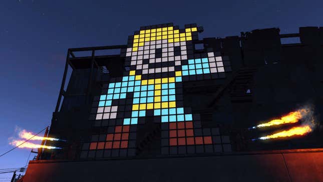 Fallout's Vault Boy gives the iconic thumbs up in a pixelated billboard.