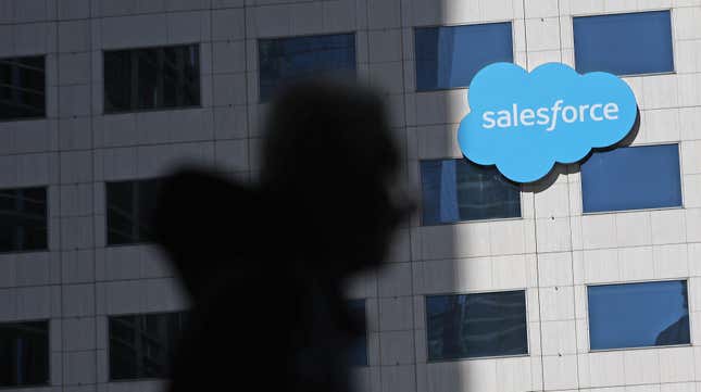 A sign is posted at Salesforce headquarters on February 28, 2024 in San Francisco, California. 