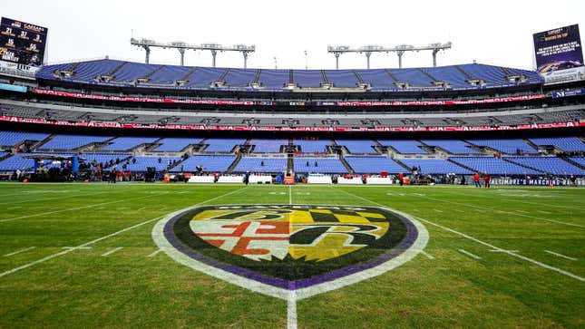 Detailed view of the Baltimore Ravens shield on the field prior to the AFC Championship NFL football game between the Kansas City Chiefs and the Baltimore Ravens at M&T Bank Stadium on January 28, 2024 in Baltimore, Maryland