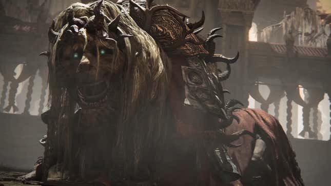 A screenshot of the Divine Beast Dancing Lion from the cutscene before it's fight. You can vaguely see the features of people under the robes and grabbing the lion's jaw.