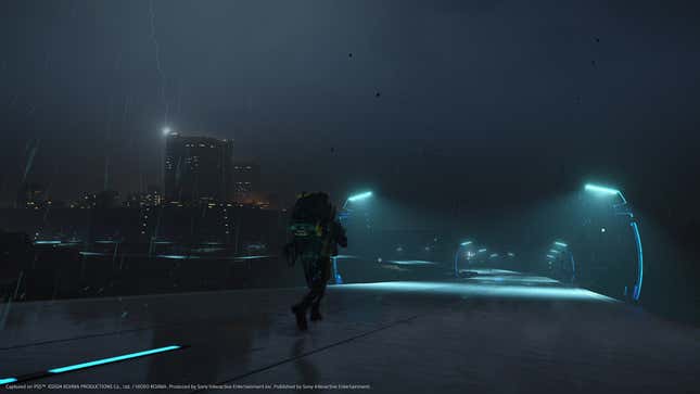 Sam Porter Bridges hikes down a highway at night.